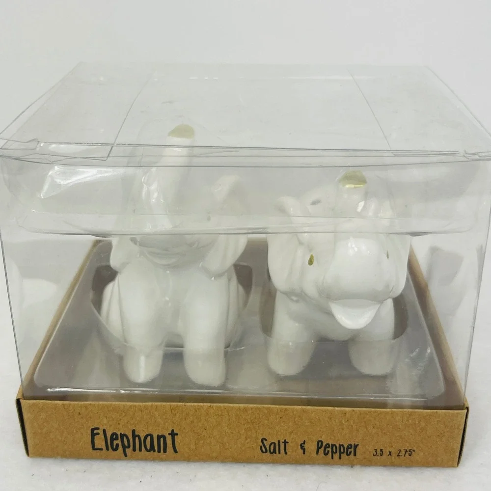White Ceramic Elephant Salt and Pepper Shaker Set Gold Accents New in Box